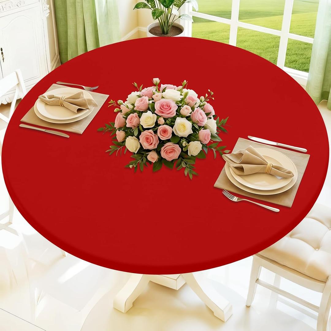 Moosfor Round Spandex Tablecloth, Elastic Fitted Waterproof Tablecloths for 42"-50" Tables, Stretch Washable Picnic Table Cover for Camping, Dining, Indoor and Outdoor, Red