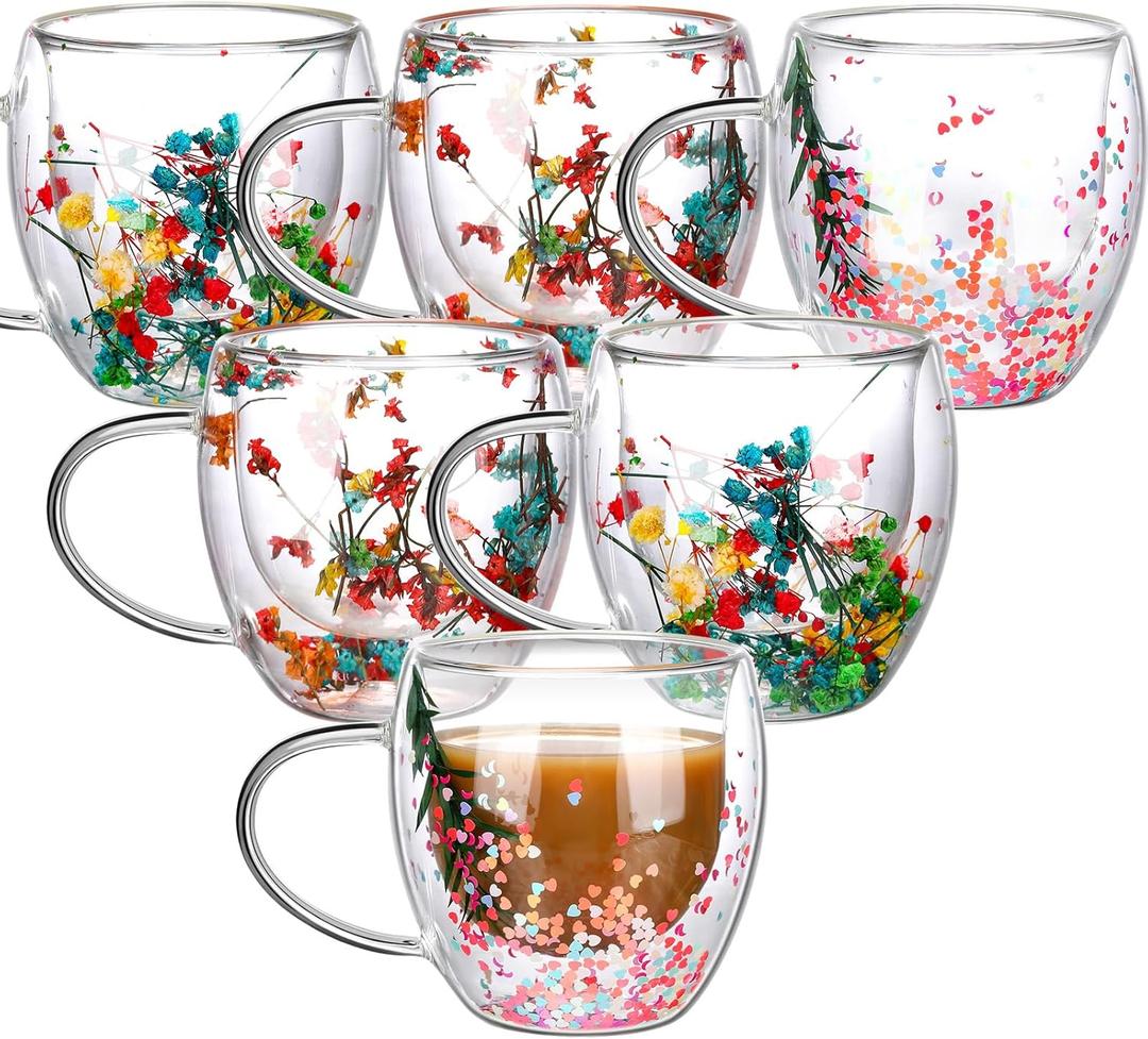 6 Pcs Flower Double Wall Coffee Mugs 8.5 oz Clear Decorative Coffee Glass Cup Insulated Heat Resistant Mug with Handle for Hot Cold Espresso Beverages Juice Birthday Mother's Day Gifts (Delicate)