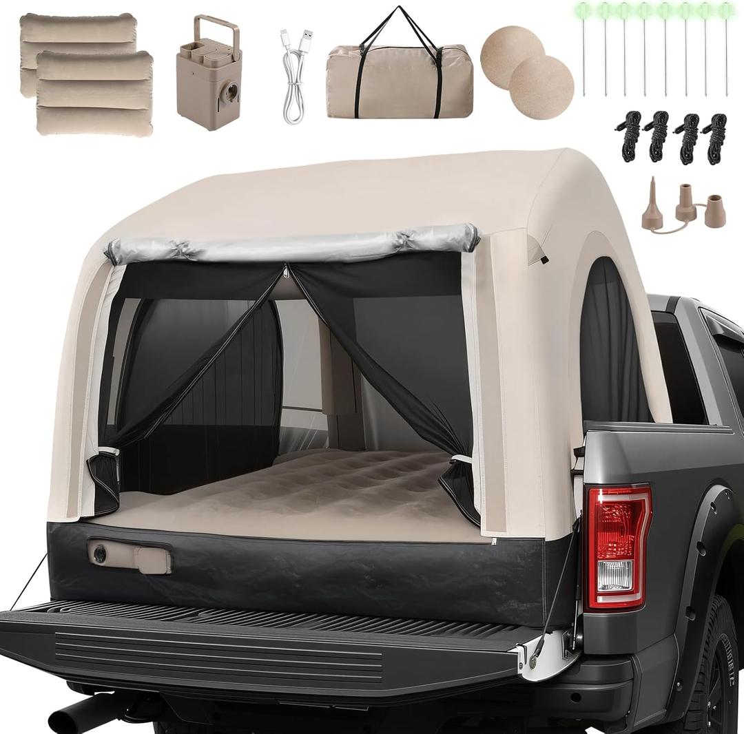 Inflatable Truck Bed Tent & Air Mattress, Truck Air Mattress for 5.5-6.5FT, 12'' Height 2-3 Person Fast Setup Ground & Pickup Tent Mattress with Rechargeable Pump for Camping Travel, 600lbs Max