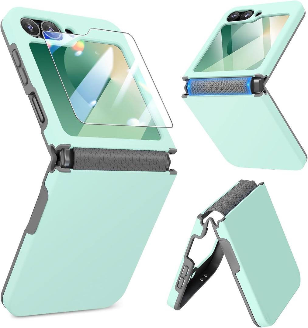 Caka for Samsung Galaxy Z Flip 6 /Z Flip 5 Case [Wireless Charging Compatible][Hinge Protection] [Screen Protector] Women Men Shockproof Protection Phone Cover - Mint Green