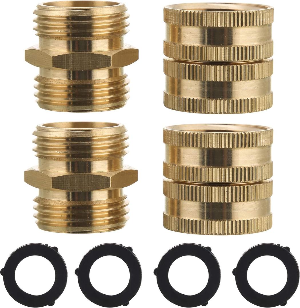 M MINGLE Garden Hose Adapter, Male to Male, Female to Female, 3/4 Inch Brass Connector, 4-Pack with Extra 4 Washers
