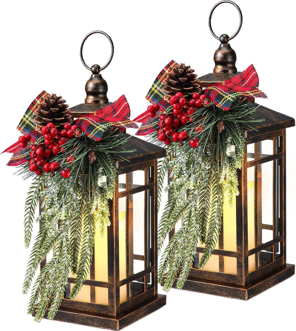 Baquler 2 Pcs Christmas Decorative Lantern LED Christmas Lantern 14" Bronze Vintage Flameless Hanging Candle Lanterns Xmas Centerpieces for Tables Indoor Outdoor Porch Decor (Black Red Plaid)