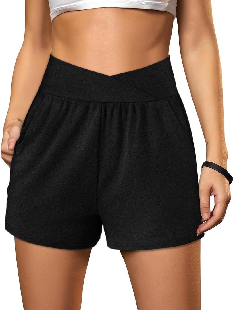 Sampeel Women's Workout Shorts Athletic Running Shorts Crossover High Waisted Gym Shorts with Pockets (Black, XXL)