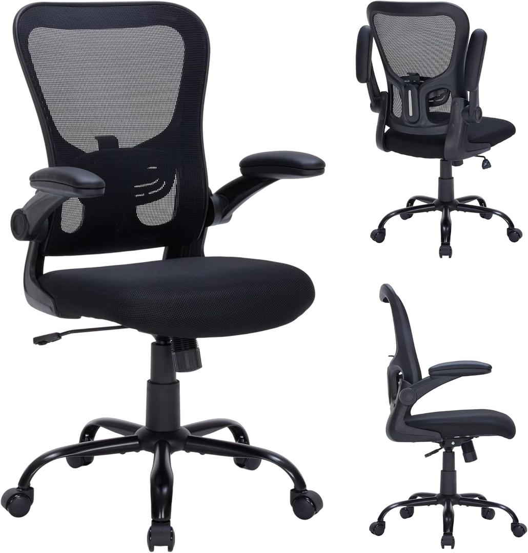 Ergonomic Mesh Office Chair with Adjustable Lumbar Support, Flip-Up Arms & Rolling Swivel Base, Breathable Computer Desk Chair for Home Office, Study & Remote Work, Black, Medium size
