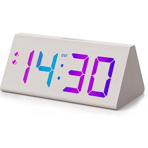 Wooden Digital Alarm Clock with Dual USB Charging Ports, DST, Dimmable, Snooze, Modern Large Time Display LED Clock for Kids Bedrooms, Living Room, Desk, Table, Bedside, Nightstand 