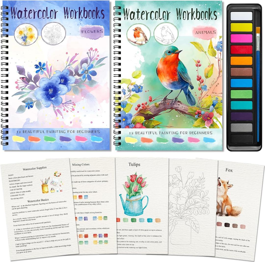 Elfew 2 Pack Watercolor Workbooks Coloring Books, 24 Pages Beginner Friendly Painting Kit, Detailed Steps, 12 Colors Paint Set with Brush, Stress-Relieving Gift for Adults & Women (Animals & Flowers)