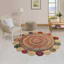 GRUHUM Round Jute Area Rug 7'ft Natural Handwoven Cotton Multi Chindi Boho Colorful Rustic Vintage Soft Braided Reversible Bohemian Rug- Indoor Outdoor Kitchen Bedroom Living Hallways 7'ft Circle