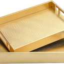 2 Piece Woven Leather Ottoman Tray with Gold Handles, Perfect Rectangular Serving Tray for Living Room, Coffee Table Home Decor Enthusiasts (Golden)