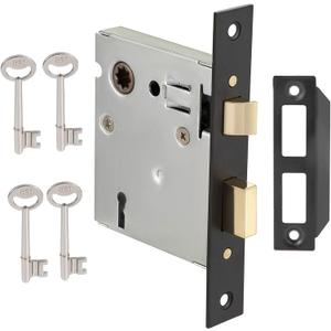 Mortise Lock Set - Interior Door Lock Replacement Kit, Reversible Latch, Skeleton Key, Antique Vintage Style, Matte Black Finish (1 Pack)