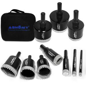 ASNOMY 10PCS Diamond Hole Saw Set, 1/4"-2" Inch Serrated Brazing Tile Hole Saw Diamond Core Drill Bits Set with EVA Mold Hole Saw Guide Jig for Porcelain Tile Glass Ceramic Stone Granite Marble