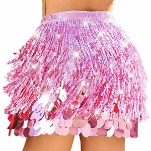 Unicra Gold Sequin Skirt Sparkly Fringe Skirt Glitter Belly Dance Hip Scarf for Women