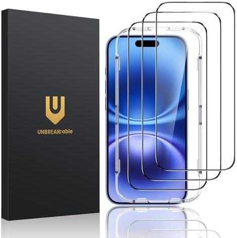 UNBREAKcable 3-Pack Screen Protector for iPhone 16/15, Shatterproof Tempered Glass [Easy Installation Frame] [99.99% HD Clear] [Case Friendly] [9H Hardness] [Full Coverage] for Apple 6.1 inch