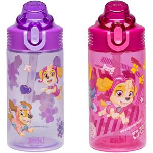 Zak Designs PAW Patrol Sage Kids Water Bottle For School or Travel, 16oz Durable Plastic Water Bottle With Straw, Handle, and Leak-Proof, Pop-Up Spout Cover, 2-Pack Set (Skye & Friends)