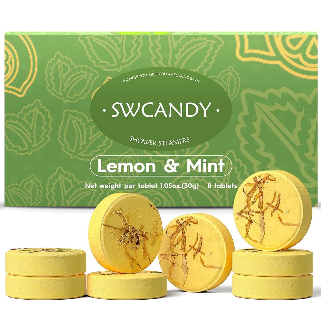 SWCANDY Shower Steamers Aromatherapy Birthday Gifts for Women Travel Essentials, 8 Pcs Lemon Mint, Bath Bombs Shower Bombs with Natural Essential Oils, Relaxation Home SPA