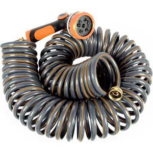 Garden Hose 25 ft Flexible Water Hose Coiled Water Pip Lightweight and No Kink for Coil Hose with 3/4'' Brass Connector 10 Pattern Nozzle (Grey+Orange)