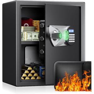 BlackSmith Biometric Safe Box 1.5 Cub Home Security Safe Fingerprint Recognition Money Safe with Keys Keypad Lock Box Secure Jewelry Valuables with Dual Alarm System Fireproof Bag, Black
