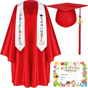 Sureio 6 Pcs Kindergarten Preschool Graduation Cap and Gown 2026 Tassel Stole Certificate for Toddler Kids (Red) S