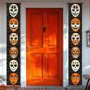 Halloween Door Banner 12x71 Inch Porch Hanging Front Door Indoor Outdoor Spooky Decorations Stacked Masks Spider Web Vertical Banner