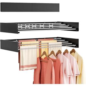 Wall Mounted Clothes Drying Rack Folding Indoor, Foldable Laundry Drying Rack Collapsible,Invisible, Space Saving, Retractable Towel Drying Rack, with Wall Template(6 Drying Rods, Black 40")