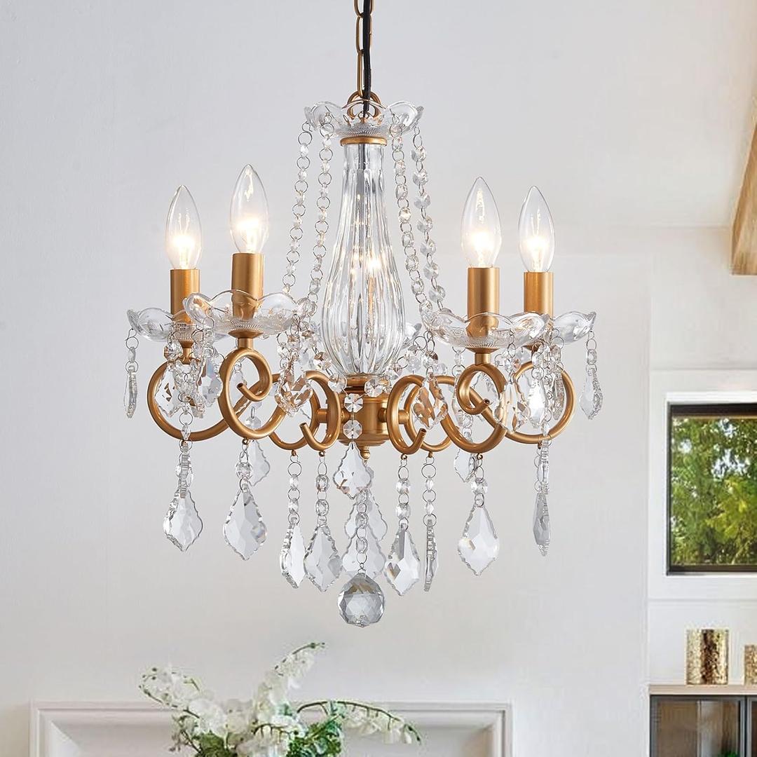 Crystal Chandelier, 5-Light Chandelier for Dining Room Light Fixture, K9 Crystal Pendant Ceiling Light Fixture, Modern Candle Chandelier for Living Room Kitchen Island Entryway Bedroom (Gold)