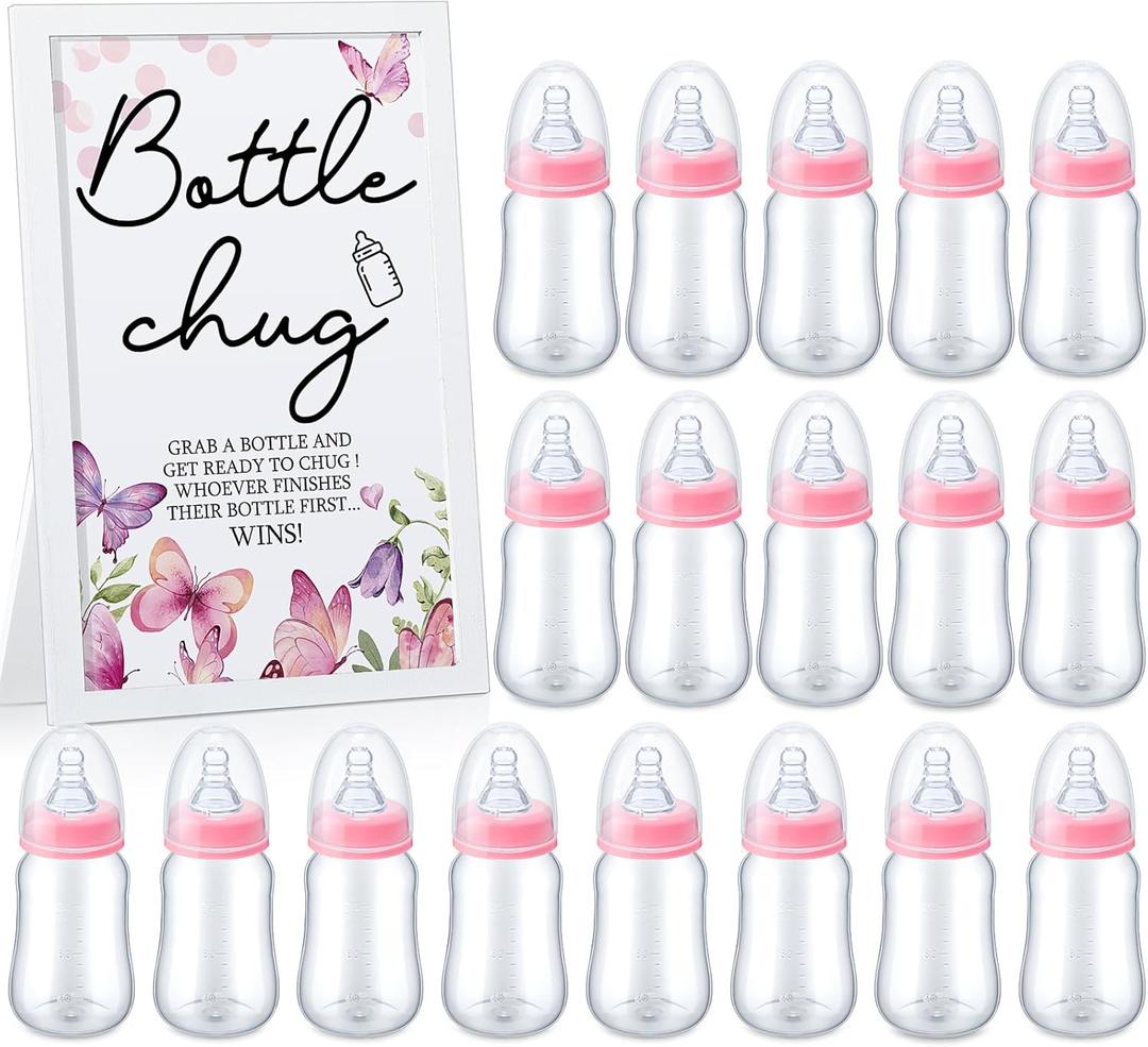 Roowest Bottle Chug Baby Shower Game Favors Including Pink Butterfly Theme Wooden Sign and 18 Pcs Baby Bottles for Gender Reveal Party Supplies
