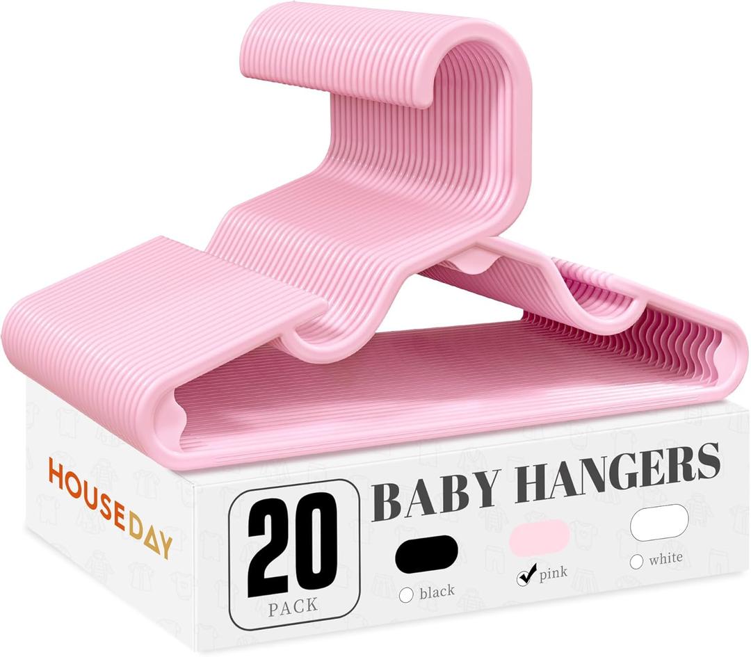 HOUSE DAY Plastic Baby Hangers for Closet 20 Pack, Durable Plastic Kids Hangers for Baby Clothes, Thin & Compact Childrens Hangers, Space Saving Pink Baby Hanger, Small Hanger for Kids Clothes
