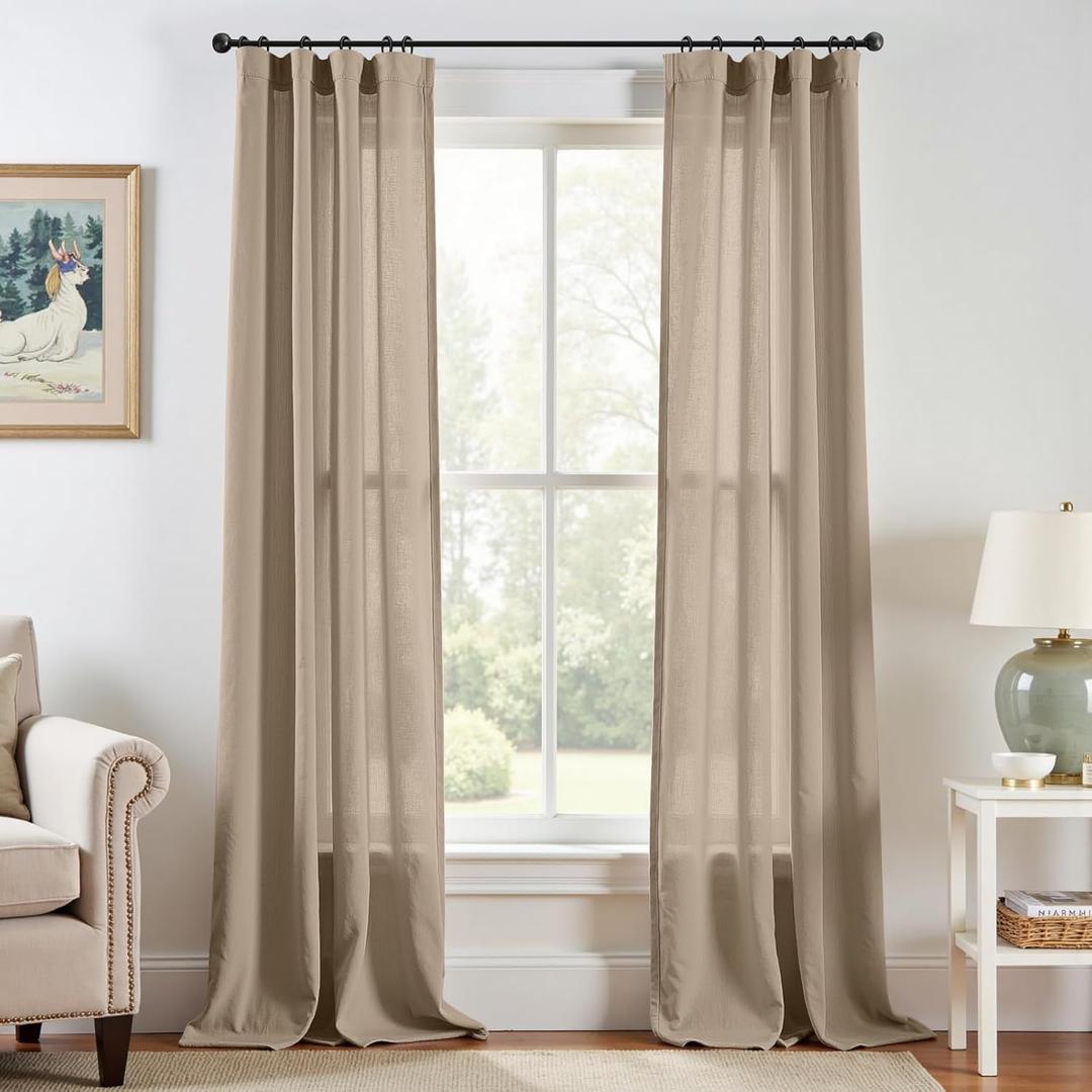 jinchan Linen Blend Curtains 96 Inches Long for Living Room Farmhouse Rod Pocket Back Tab Light Filtering Window Drapes for Bedroom Curtains Taupe 2 Panels