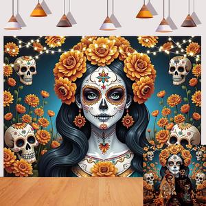 Dia De Los Muertos Backdrop Day of The Dead Marigold Flower Sugar Skull Mexican Fiesta Photography Background Halloween Home Altar Decorations Party Banner Supplies (10x8FT)