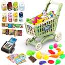 deAO Kids Shopping Cart Trolley for Groceries Toddlers 65 Food Fruit Vegetables Pretend Play Food Role Play Educational Toy Play Kitchen Toys Store Playset (Green)