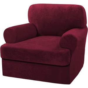 H.VERSAILTEX Sofa Cover 2 Piece T Cushion Armchair Slipcovers Velvet Couch Cover Furniture Protector Stretch T Cushion Sofa Covers for 1 Cushion Couch with 1 Individual T Cushion Covers, Burgundy