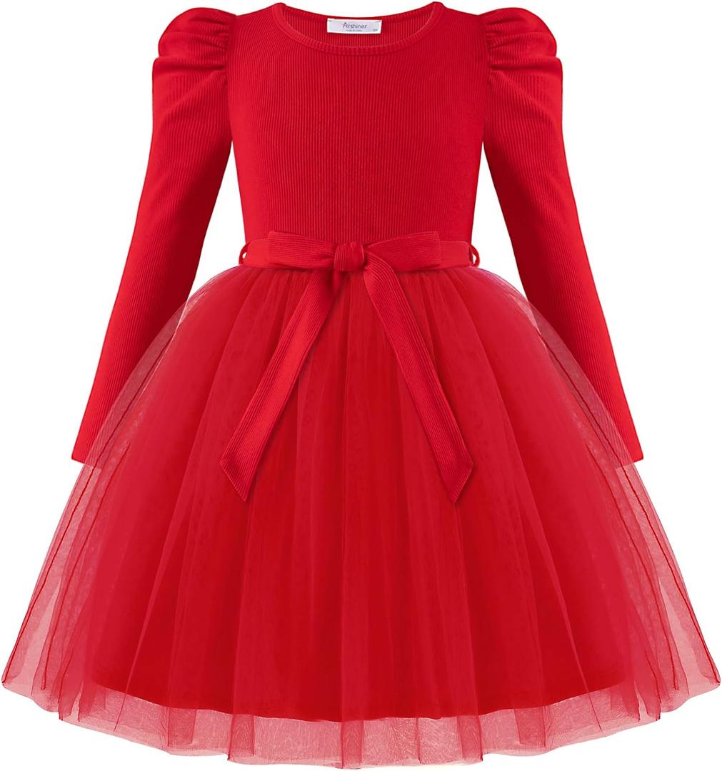 Arshiner Toddler Girls Tutu Dress Gigot Long Sleeves Fall Winter Belted Princess Party Tulle Dresses 3-8Y (5-6 Years, Red)