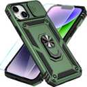 SunStory Compatible with iPhone 14 Plus Case with HD Screen Protector & Slide Camera Cover & Rotated Ring Kickstand, [Military-Grade] Phone Case for iPhone 14 Plus (Army Green)