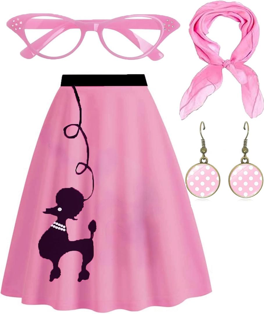 TNNO Poodle Skirts for Women 1950s Outfit Adult Halloween Costumes 2025 Ladies Vintage Party Pink Skirts 4 Pcs Sock Hop Outfits Pink Small