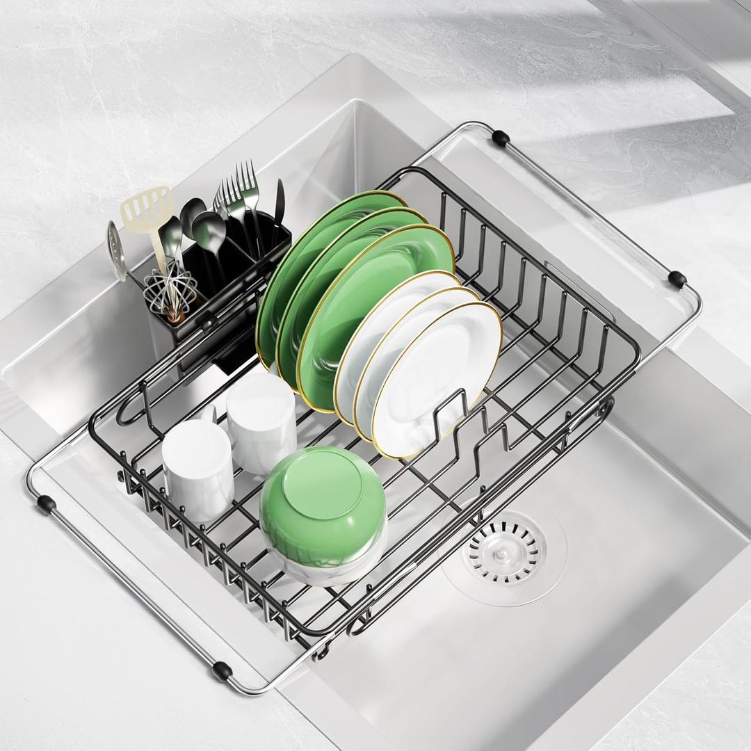 Expandable Dish Drying Rack for in-Sink, Over-Sink, and Counter Use, Dish Drainer with Removable Cutlery Holder, Space Saving & No Assembly Needed 10.5" W x 15" L (Medium)