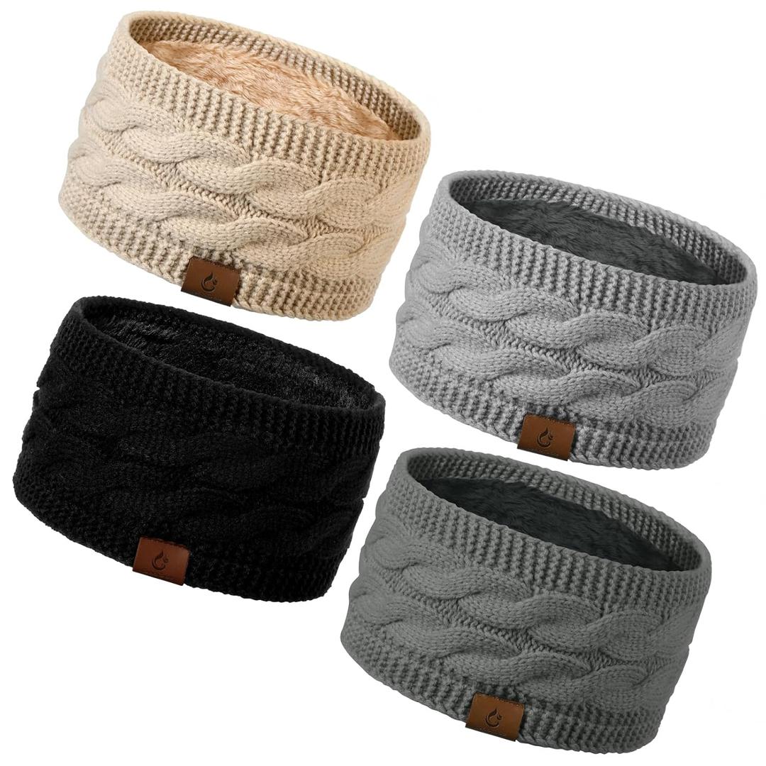4 Pack Ear Warmer Headband, Knit Earmuffs Winter Headbands for Women, Running Fleece Headband Ear Cover for Cold Weather (Black/Grey/DarkGrey/Oatmeal)