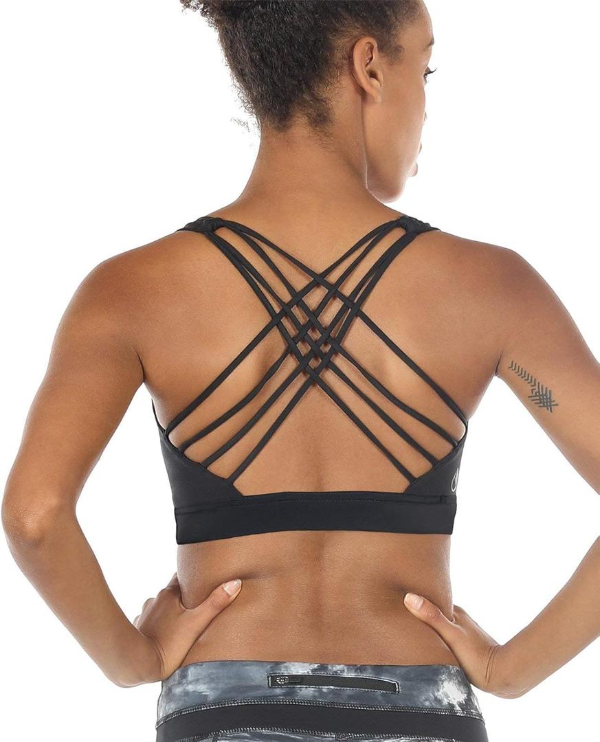 icyzone Sports Bras for Women - Activewear Strappy Padded Workout Yoga Tops Bra (Medium, Black)