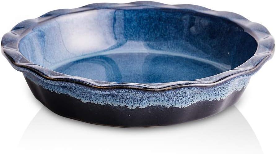 Ceramic, 9 Inches Pie Plate, Pie Dish for Dessert Kitchen, Round Baking Dish Pan for Dinner, Wrapping Upgrade, Reactive Glaze (Nebula Blue)