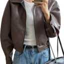 Women's Y2K Faux Leather Jacket Zip Up Crop Bomber Jacket Going Out Motor Bike Motorcycle Coat Streetwear with Pocket (Medium, Brown)