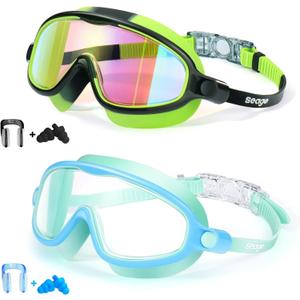 Seago Swim Goggles 2 Pack Anti-Fog Anti-UV Wide View Swimming Goggles for Kids 3-14 (Light Blue & Black/Green)