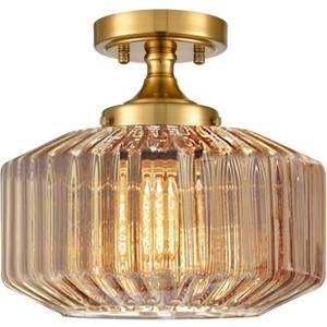 Flush Mount Light Fixture 11.02" Farmhouse 1 Light Ceiling Fixture with Amber Striped Hand Blown Glass Shade, E26 Base for Kitchen, Dining Room, Hallway