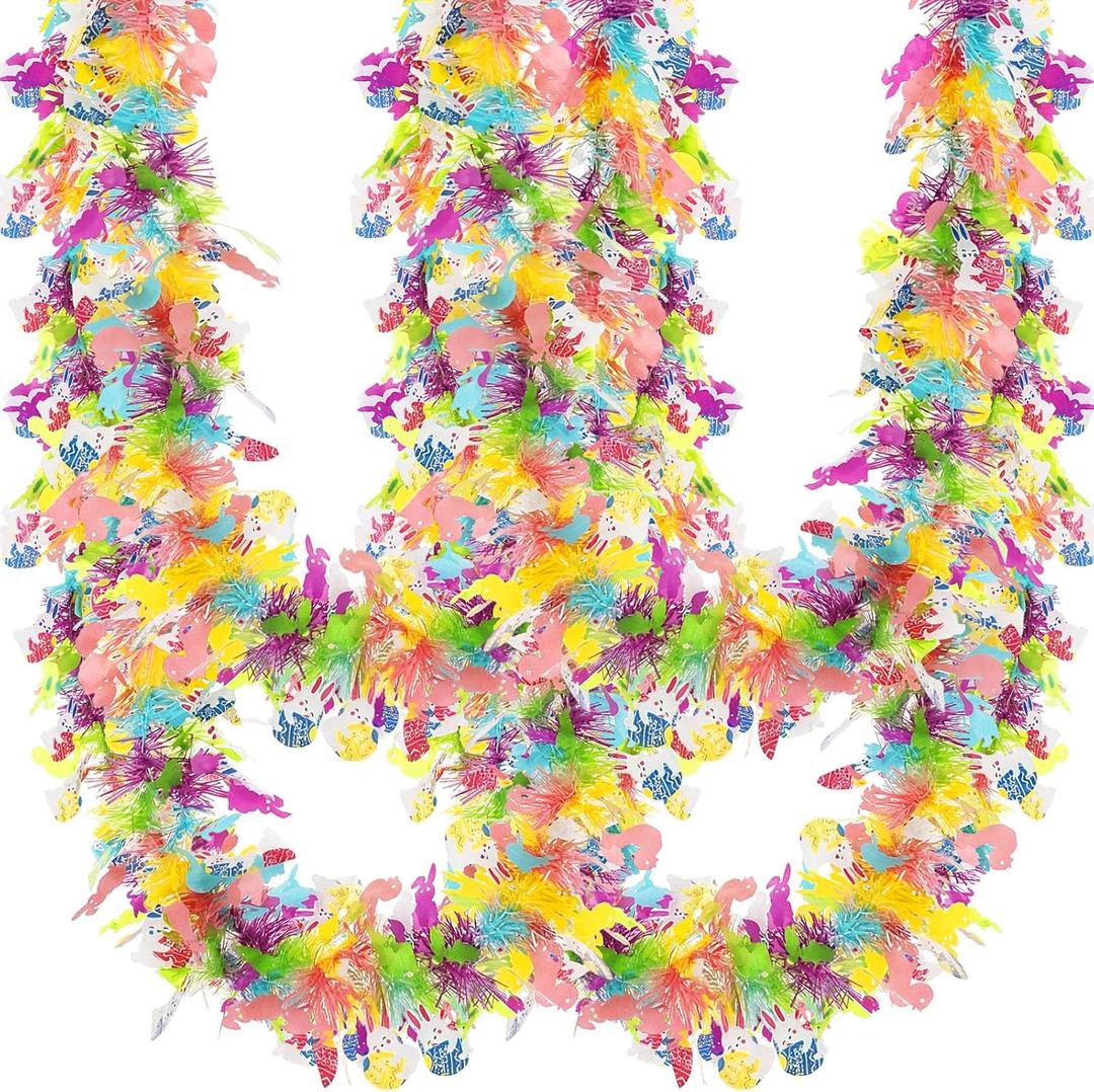 WILLBOND 32.8 Feet x 4 Inches Easter Tinsel Garland with Colorful Egg Bunny Duck Tulips Decorations Easter Metallic Garland Spring Rainbow Glitter Twist Wire Hanging Decoration for Holiday Party Decor