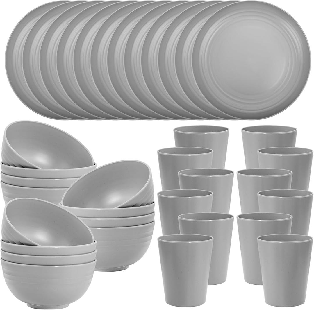LIYH 36 PCS Grey Wheat Straw Dinnerware set - Plates and Bowls Set,Dishwasher & Microwave Safe Plastic Plates Reusable,Unbreakable Plastic Dinnerware,Plate for Camping Dishes (Gray)