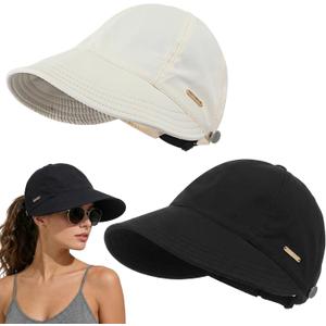Cuffbow 2 Pack Women Sun Hat UV Protection Hiking Fishing Hats Wide Brim Hat Adjustable Ponytail Packable Cap for Outdoor