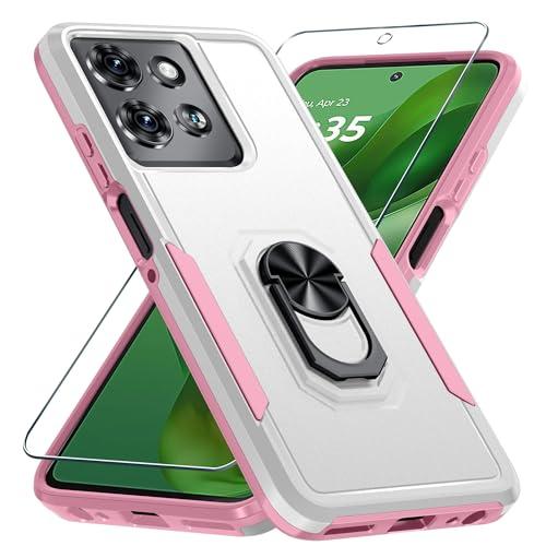 Janmitta Compatible with Motorola Moto G Power 5G 2025 Case with Screen Protector,Heavy Duty Shockproof Full Body Protective Cover Built in Rotatable Metal Ring Holder Kickstand,White
