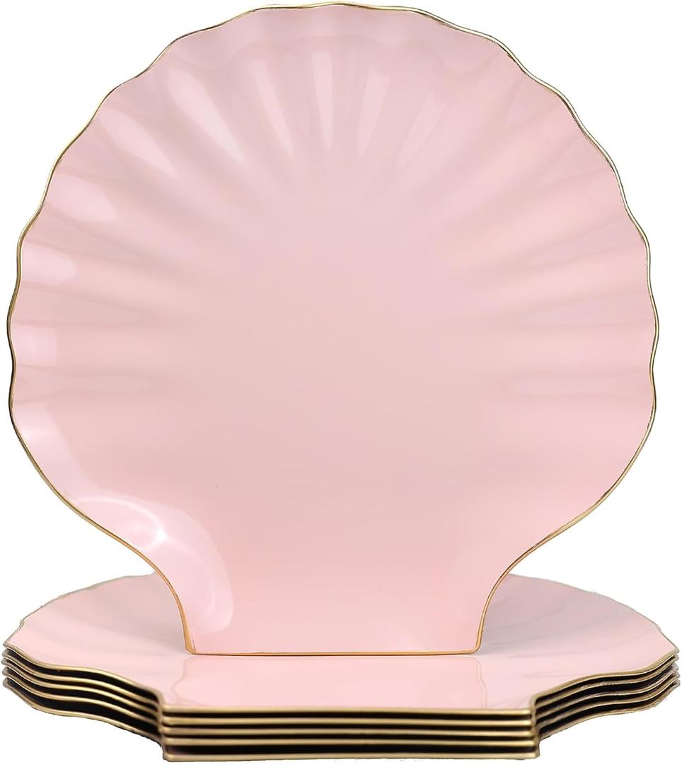 Spsyrine Pink Charger Plates, 13" Set of 6 Scalloped Seashell Plastic Table Chargers for Dinner Plates, Wedding, Thanksgiving Christmas Events, Party, Tabletop Decor.BK6P