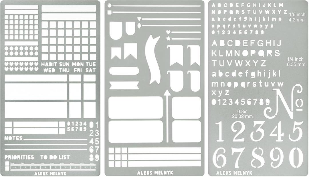 Aleks Melnyk No.486 Metal Stencils for Bullet Journaling, Bookmark, Planning, Lines, Planner, Habit Tracker, Dot Journals Stencil for Diary, Templates, Tiny Letters, Small Number