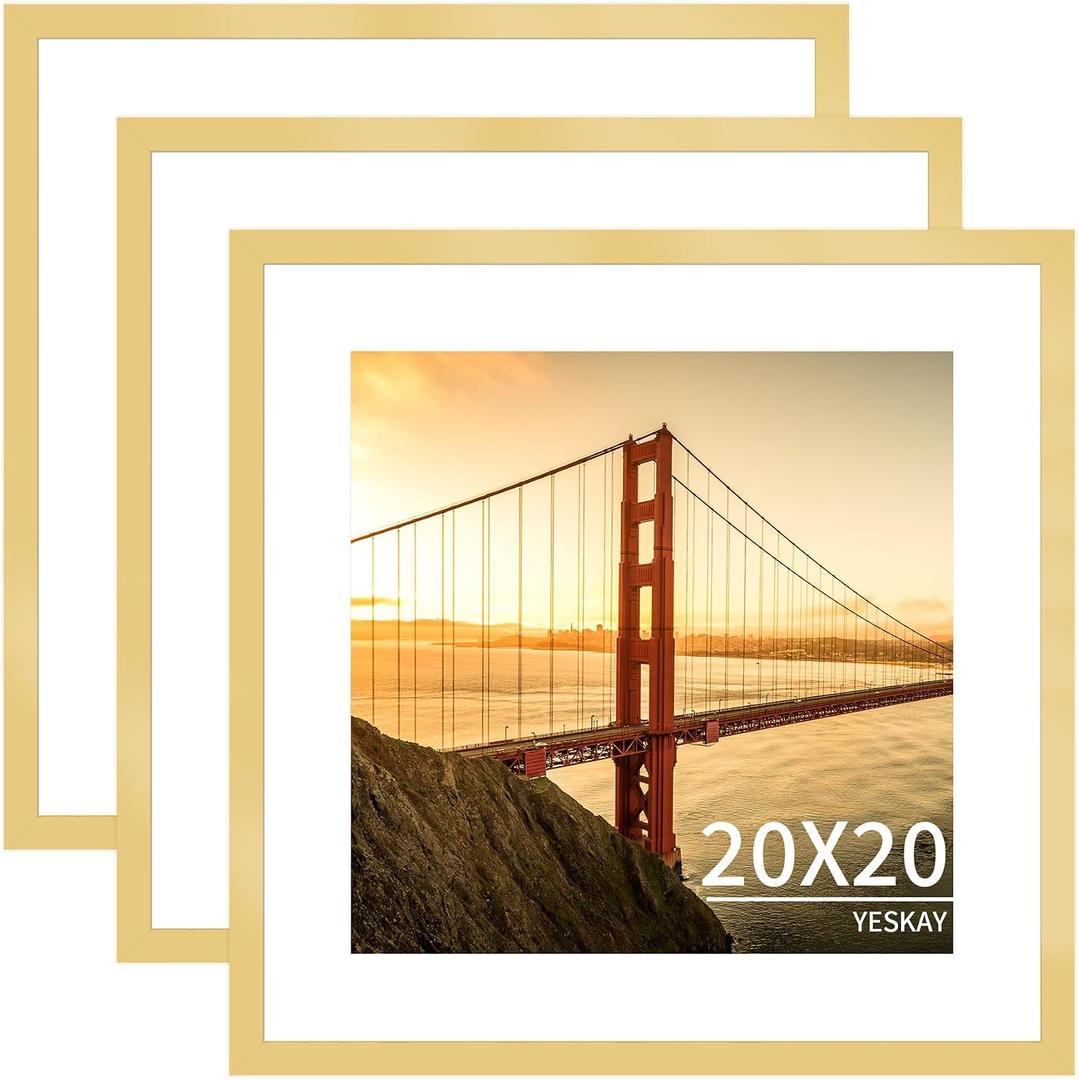 YESKAY 20x20 Picture Frame 3 Pack - Gold Poster Frame Display Pictures 16x16 with Mat or 20 x 20 Without Mat for Wall Hanging Horizontal and Vertical