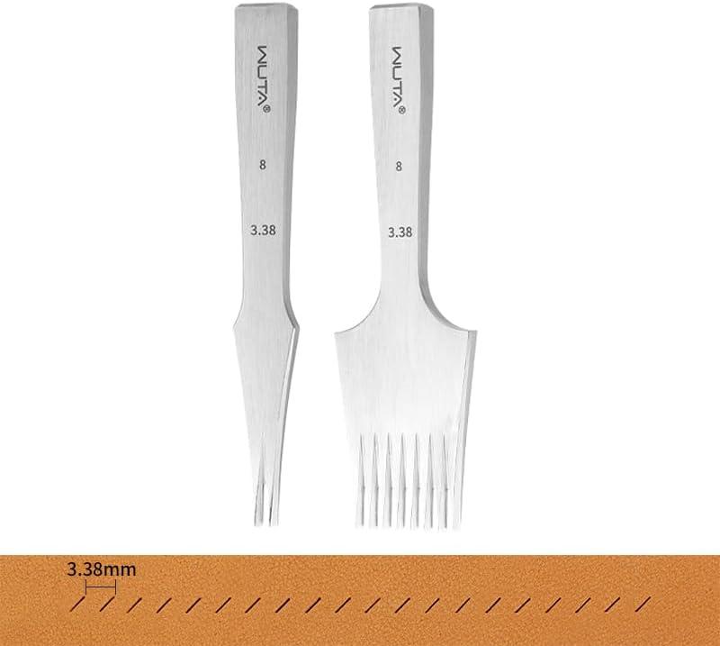 WUTA Sharp Pricking Iron French Style Leather Chisel All-Polished Die-Steel Chisel Punching Tool Kits for Leather Working Tools (Obverse 3.38 mm 2 Teeth+8 Teeth)