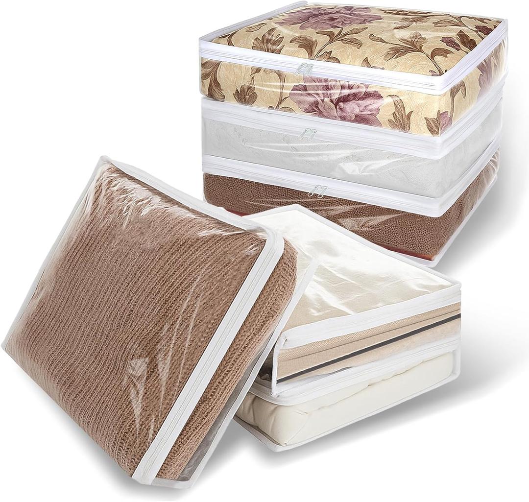 10 Packs Clear Zippered Storage Bags Durable Plastic Sweater Clothing Organizer Under Bed Closet Containers Bins for Blankets Clothes Bedsheets Pillows Comforter Quilt (15.7 x 13.8 x 3.9 Inch)