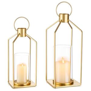 Staymoment Gold Lanterns Decorative Indoor: Set of 2 Lanterns with Glass for Wedding Table Centerpieces Candle Holder for Fireplace Patio Porch Modern Home Decor